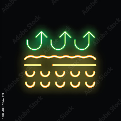 Neon green and yellow icon of arrows rising from a surface, illustrating the concept of evaporation from soil