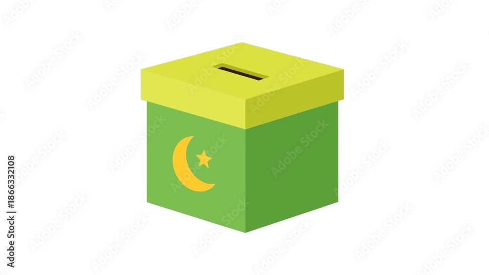 Obraz premium Isometric green ballot box with a yellow lid and crescent moon symbol on a white background.