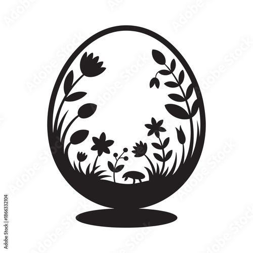 An elegant black and white illustration of an egg with floral and fauna elements