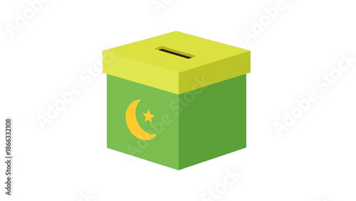 Isometric green ballot box with a yellow lid and crescent moon symbol on a white background.