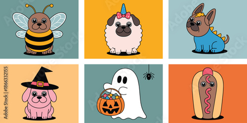 Cute cartoon dogs in Halloween costumes collection vector illustration featuring puppy dressed as bumble bee unicorn dinosaur ghost and hotdog character design for holiday themed children's book or pa
