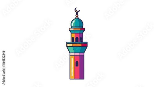 Colorful illustration of a mosque tower with a green dome and crescent moon on top against a white background.