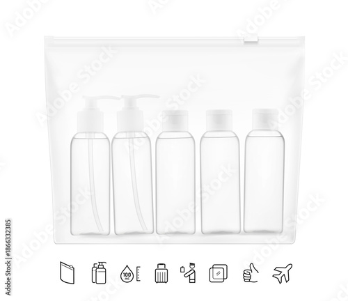 Clear travel bottles for toiletries set in zip-lock packaging bag mockup with set icons. Vector illustration isolated on white background. Great for your design. EPS10.