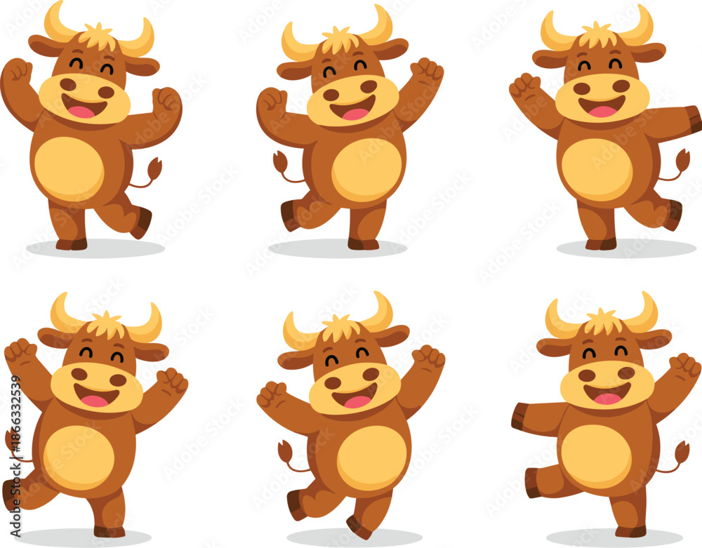 Fototapeta premium Happy cartoon bull dancing cheerfully character illustration set cute brown cow mascot joyful animal design for children's book animation farm agriculture product advertising kids education content pl