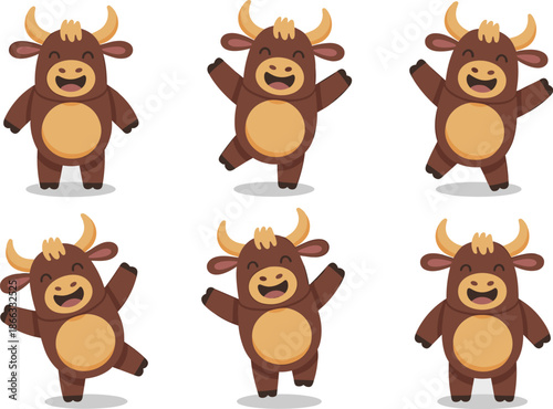 Cartoon bull character set illustration vector funny happy brown ox animal mascot in various poses standing waving jumping celebrating for children's book advertising marketing material design element