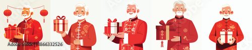 vector half body of grandfather carrying Chinese New Year gift
