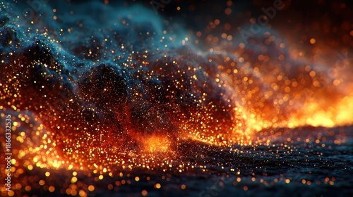Abstract digital rendering of fiery particles and glowing blue smoke, dynamic and artistic