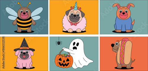 Cute cartoon dogs in Halloween costumes vector illustration of funny puppy characters dressed as bee unicorn ghost witch hotdog for holiday cards invitations posters party decorations seasonal greetin
