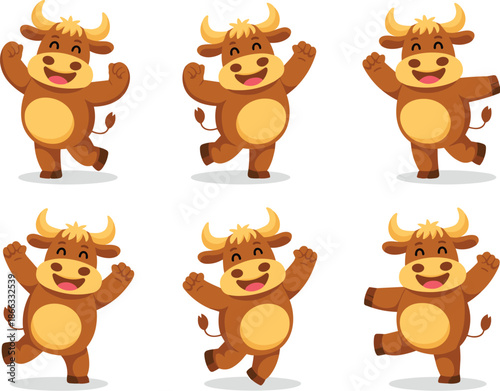 Happy cartoon bull dancing cheerfully character illustration set cute brown cow mascot joyful animal design for children's book animation farm agriculture product advertising kids education content pl