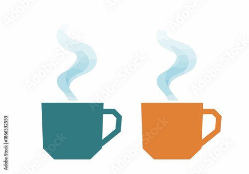 Two Geometric Coffee Mugs with Steam, Teal and Orange, Minimalist Design
