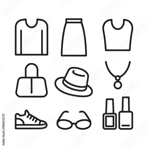 Line art icons depicting various clothing items and fashion accessories