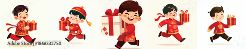vector of little boy walking carrying Chinese New Year gift
