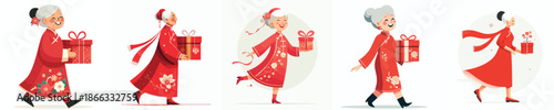 vector of grandmother walking carrying Chinese New Year gift
