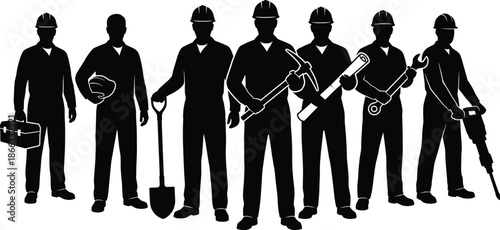 Group of construction worker silhouettes holding tools and equipment representing industrial labor team isolated on white background workforce concept