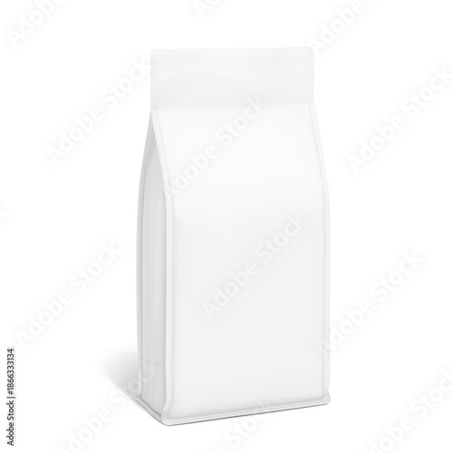 Vertical flat bottom gusset bag mockup for food, pet food, sport nutrition. Half side view. Vector illustration isolated on white background. Can be use for template your design. EPS10.
