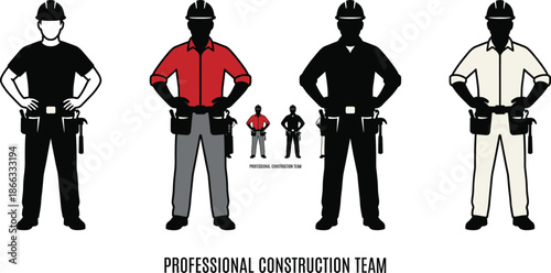 Professional construction team illustration showing skilled workers in uniform with safety helmets and tool belts isolated on white background