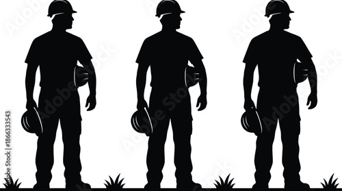 Construction worker silhouettes standing with safety helmets representing industrial labor workforce isolated on white background professional builder concept