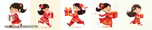 vector of little girl walking carrying Chinese New Year gift