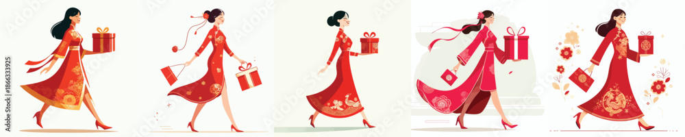 Obraz premium vector of woman walking carrying Chinese New Year gift