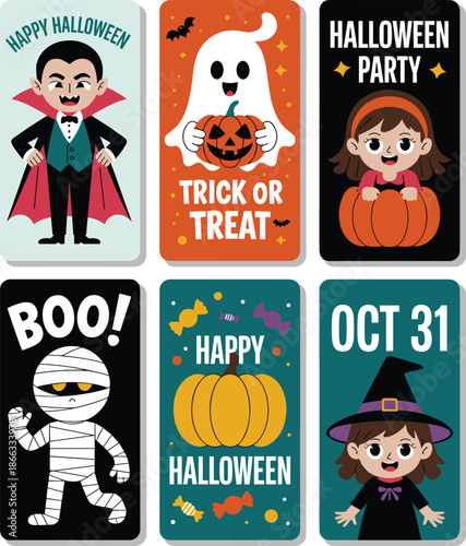 Halloween characters and decorations vector illustration spooky season holiday backgrounds featuring cute cartoon vampire ghost mummy witch and pumpkin designs for greeting cards invitations posters a