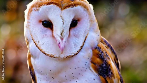 A close-up portrait showcases a barn owl, its heart-shaped face and dark eyes are prominent
