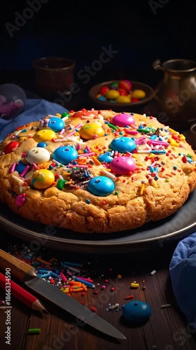 A large, decorated cookie, laden with colorful candies and sprinkles, sits on a plate