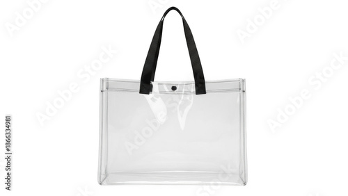 Clear transparent tote bag with black handles on black background plastic