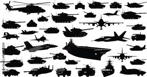 Modern military vehicle silhouettes set with tanks jets helicopters warships armored trucks aircraft carrier combat defense vector illustration