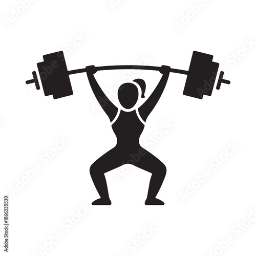 Silhouette of a woman powerfully lifting a barbell overhead fitness icon