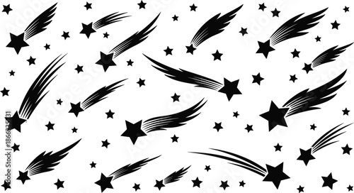 Shooting star silhouette collection featuring falling stars comets night sky celestial space black vector illustration set design