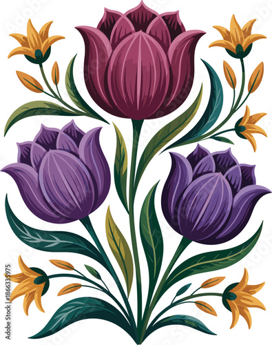 Elegant purple tulip flower arrangement illustration with yellow accents in a modern minimalist style floral botanical design element for spring season decoration wedding invitation card graphic desig