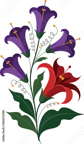 Elegant floral arrangement featuring vibrant purple and red lilies blossoming with green leaves decorative botanical illustration romantic spring summer design element for cards invitations posters an