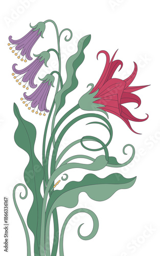 Elegant floral arrangement illustration featuring vibrant red and purple bellflowers with lush green leaves in a decorative design for spring botanical art projects nature themed backgrounds and creat