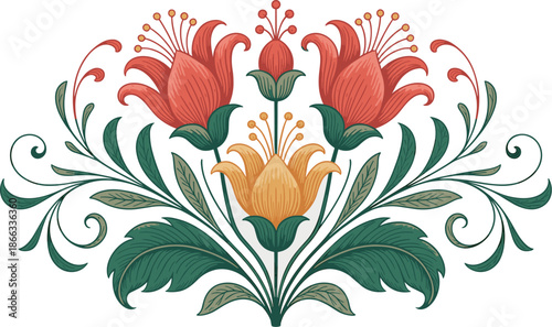 Elegant floral design with coral red and yellow flowers illustration symmetrical arrangement with swirling green leaves for vintage wedding invitations botanical prints textile design and romantic flo