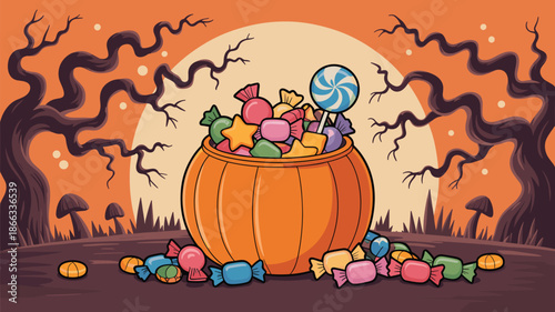 Halloween candy in pumpkin pail with spooky trees illustration under full moon for trick or treat holiday celebration seasonal event festive background graphic design template for party invitations an