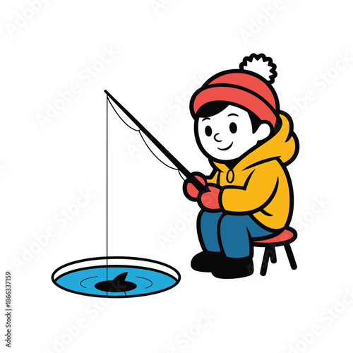 Cartoon illustration of a young boy ice fishing on a frozen lake