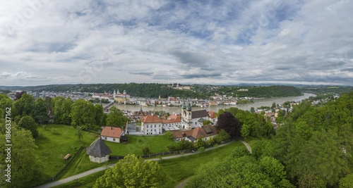 Aerial view of Pauline monastery and old town of Passau with Veste Oberhaus, Passau, Bavaria, Germany