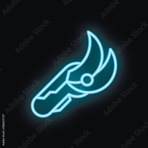 Blue neon icon of secateurs glowing on black background