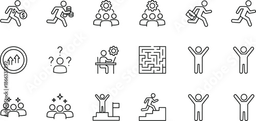 Comprehensive collection of simple black line icons representing professional motivation career progress competition success leadership and business achievement strategies for corporate growth