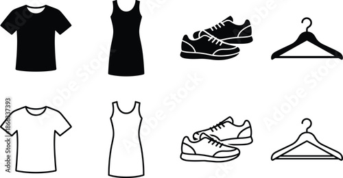 Clothing icons set with shirt dress shoes and hanger, black and white silhouette and outline fashion symbols vector