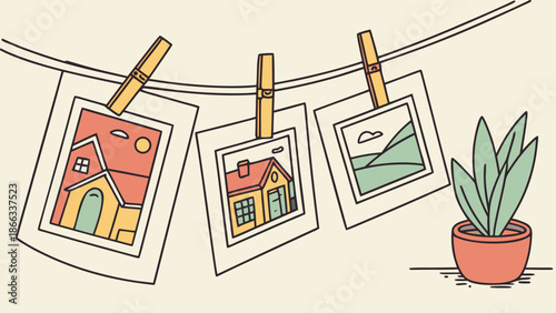 Illustration of Polaroid photos hanging on a line with clothespins next to a potted plant against a beige background.