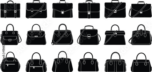 Black handbag and briefcase silhouettes set fashion accessories purse bag collection business travel vector icons isolated white background