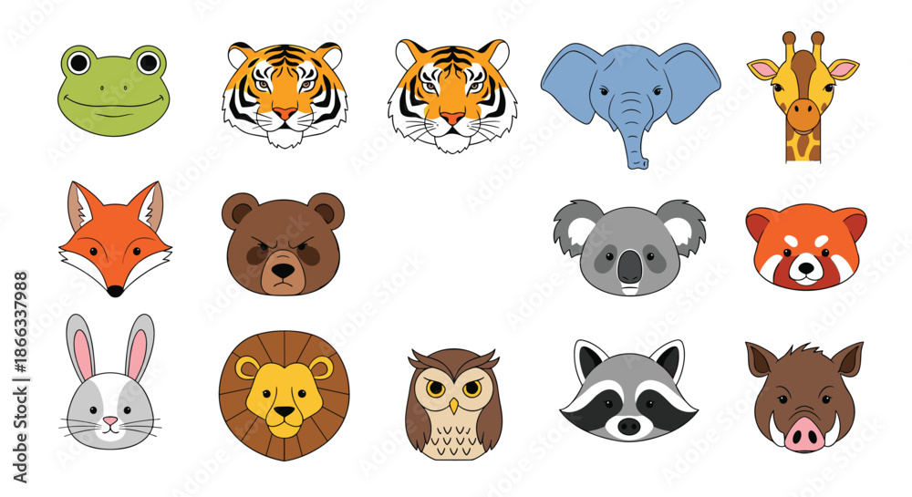 Obraz premium Vibrant collection of cute animal faces includes a frog tiger elephant giraffe fox bear koala red panda rabbit lion owl and raccoon.