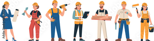 Construction roles, engineer, architect, technician, inspector, carpenter, plumber, painter, safety gear, tools, teamwork, cartoon style