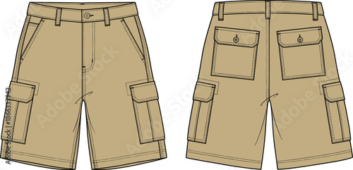 Men cargo shorts front and back view vector illustration, casual utility shorts design, fashion workwear apparel mockup