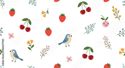 Cute seamless pattern depicts small blue birds red strawberries sweet cherries and delicate spring flowers on a clean background.