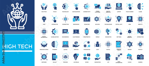 High tech icon set collection. Containing services, connectivity, interaction, server, signature, touch, globe .Solid vector icons collection