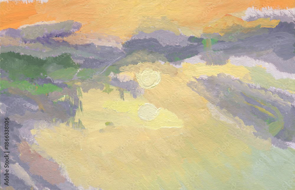 Fototapeta premium Abstract water background with sun in impressionist style Color illustration for your design. Hand-drawn drawing.