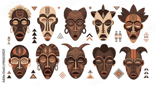 Assortment of colorful traditional African tribal masks with unique patterns and geometric designs isolated on a white background.