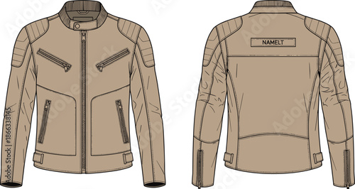 Men leather jacket technical fashion illustration, front and back view, biker style zippered outerwear, detailed vector design